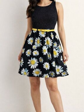 Ruby Rox Black Polka Dot Daisy Fit & Flare Dress With Yellow Belt Size 11
